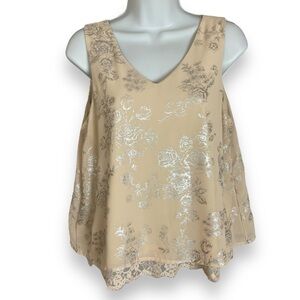 Jolt Tank Top Metallic Lace Hem V-Neck‎ Cream Sleeveless Women Size Medium Lined